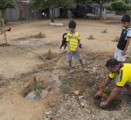 Ángel María Lobo y sus hijos se encargan de cuidar, podar y regar el jardín que empezaron a sembrar en Jerónimo Uribe. Juan Pablo Cohen