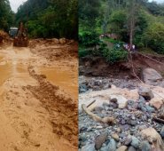 Una retroexcavadora trabaja en el despeje de varios derrumbes en la carretera de La Soberanía. En varios sitios de Chitagá fueron destruidos por el invierno los puentes artesanales. Cortesía