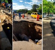La rotura del tubo matriz fue arreglada y el personal trabaja en el relleno y compactación del hundimiento. Orlando Carvajal