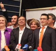 Clara López, Gustavo Petro y Carlos Caicedo habían anunciado una coalición que se rompió este lunes tras el retiro de la exministra de Trabajo. Colprensa