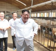 El líder norcoreano Kim Jong-Un (centro), durante una inspección a la Granja General de Área de Ungok en la provincia de Pyongan del Sur. AFP