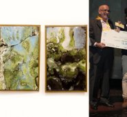 Obra: Humedad, del artista Jhorman Tariba, ganadora en la categoría de pintura. El gerente de Aguas Kpital, Hugo Vergel y la líder de comunicaciones, Paola Flórez, entregaron los premios a los ganadores del Salón del Agua. Mario Caicedo