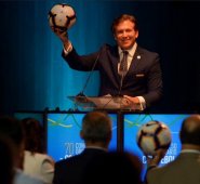 Alejandro Domínguez, presidente de la Conmebol, durante la designación de Colombia y Argentina como sedes de la Copa América 2020, en abril pasado. AFP