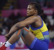Actividad de los deportistas colombianos en lucha libre de los XVIII Juegos Panamericanos Lima-2019. En la foto: Jackeline Rentería. Colprensa