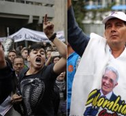 En las afueras del Palacio de Justicia, donde el expresidente rinde indagatoria, hay proclamas a favor y en contra del senador Álvaro Uribe Vélez. Colprensa