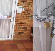 La bacterióloga Luz Marina Puentes Moreno, señala aquí las cadenas que le impiden ingresar al local que le arrendó el hospital de Los Patios desde hace 24 años. Cortesía