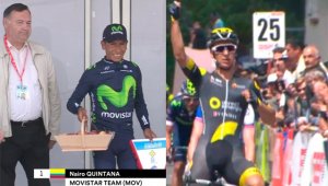 El colombiano Nairo Quintana (izquierda) es tercero en la clasificación general de la carrera, a 5 segundo del líder. Tomada de Twitter