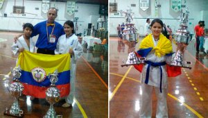 Ángel Monroy, el sensei de los cucuteños Jesús Darío Parada y Rocío Apolinar celebran los primeros puestos obtenidos en combate. Cortesía