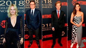 Malin Akerman, Stephen Colbert, William H. Macy y Frankie Shaw. AFP