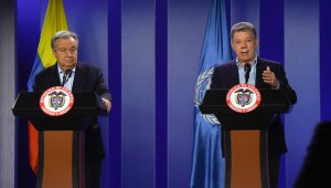 Antonio Guterres, secretario de la ONU, junto al presidente de Colombia Juan Manuel Santos. Presidencia