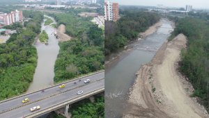 Izquierda: Hace más de un año así lucía el río Pamplonita, visto desde el puente Jorge Gaitán Durán. La maleza se había apoderado del cauce, ocasionando un desequilibrio de los ecosistemas acuáticos. Derecha: Así luce actualmente el río Pamplonita, visto desde el mismo puente. Cortesía Corponor