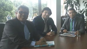 Encuentro entre el director del IMRD, Arnulfo Sánchez, el presidente del Cúcuta Deportivo, José Augusto Cadena, y el director (e) de Coldeportes, Afranio Restrepo. Cortesía