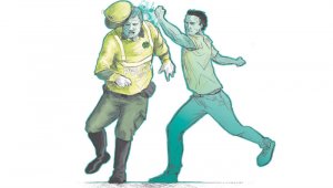 Agredir a un uniformado puede acarrearle un comparendo contemplado en el Código de Policía por un valor de al menos $800.000; además, puede ser capturado por el delito de ataque a servidor público. Ilustración: Alberto Soto Sarmiento