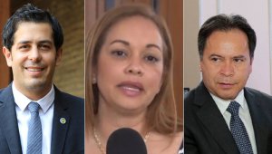Viceministro de Vivienda y Aguas, José Luis Acero; la recién nombrada gobernadora encargada, Sonia Arango; y el suspendido mandatario William Villamizar. La Opinión