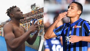 Duván Zapata (izquierda) marcó goles a los minutos 22, 54 y 62 y Luis Muriel al 87. Tomada de Twitter @Atalanta_BC