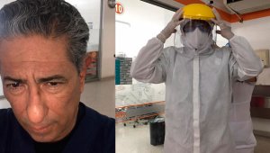 El médico intensivista Arturo Arias en pleno rito de vestirse con la indumentaria adecuada para atender a un paciente con COVID-19 en una clínica de la ciudad.
Cortesía