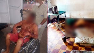 Un venezolano que resultó herido recibe atención medica. El cadáver de otro hombre desnudo quedó en la sala de la casa. Fue atacado con un cuchillo. Cortesía para La Opinión