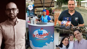 Francisco Falo (izquierda) ha empleado a 60 colombianos gracias a su agencia de marketing digital, Karelis Bruzual pasó de la venta informal a ser reconocida en la ciudad, Gianfranco Giornado expone los productos de panadería de su empresa y Ana Quiroz y Abdul Muhamad emprendieron con su negocio de tortas y postres en Cúcuta.  Cortesía