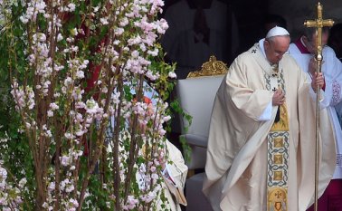 Francisco ofició bajo una fuerte lluvia esta misa solemne en la explanada de la basílica de San Pedro. (Foto AFP)