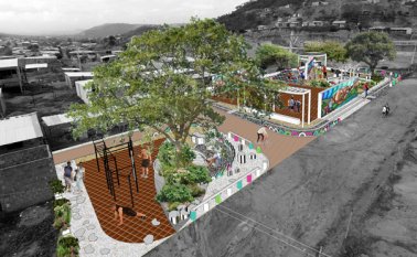 Esta es la maqueta de cómo quedaría el primer escenario deportivo y recreativo de Nueva Ilusión, en el anillo vial occidental.  Cortesía