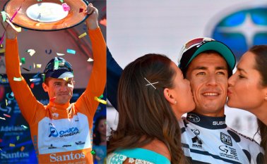 Sergio Henao (derecha), de Colombia, celebra en el podio mientras que usa la camiseta del "rey de la montaña", después de la sexta etapa del Tour Down Under, este domingo. El australiano Simon Gerrans celebra también su cuarto título en este tour. AFP
