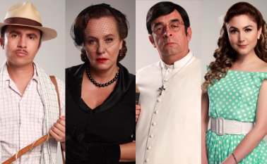 Alejandra Borrero, Álvaro Bayona, Jhon Álvarez Toro y Carolina López, integrantes del elenco de Azúcar que se estrena esta noche a las 9:00 por el canal RCN. Cortesía