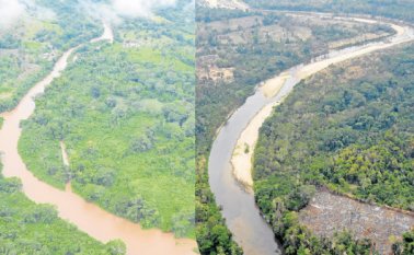 En octubre de 2015, aunque el río no tenía su mejor caudal, lucía más abundante (imagen izquierda). Hace dos semanas se volvió a registrar fotográficamente el afluente (imagen derecha), el cual prueba que el río está en su peor época. Edinsson Figueroa y Rodrigo Sandoval