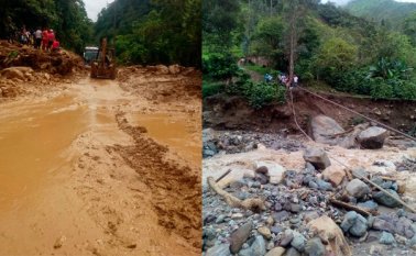 Una retroexcavadora trabaja en el despeje de varios derrumbes en la carretera de La Soberanía. En varios sitios de Chitagá fueron destruidos por el invierno los puentes artesanales. Cortesía