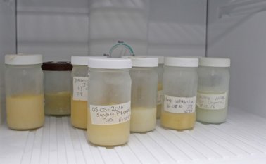 En esta nevera reposan unos 20 frascos de leche materna, cada una marcada con el nombre de la madre. Mario Caicedo