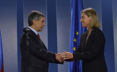 Federica Mogherini, alta representante de la UE para Asuntos Exteriores, se reunió con Rafael Pardo, alto consejero para el Posconflicto. Colprensa