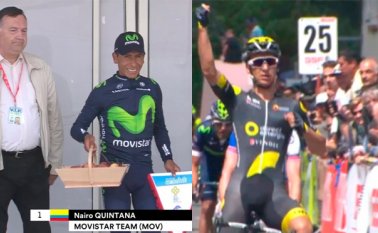El colombiano Nairo Quintana (izquierda) es tercero en la clasificación general de la carrera, a 5 segundo del líder. Tomada de Twitter