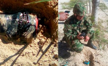 La trampa fue hecha con tres pimpinas tipo galón, en donde colocaron material explosivo y metralla. Ejército Nacional