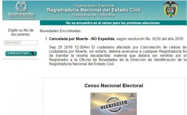 Al hacer la consulta del lugar de votación la cédula aparecía cancelada por muerte. Registraduria.gov.co