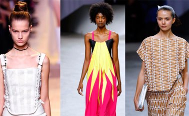 Tres modelos desfilaron por la pasarela en París prendas de la colección del diseñador Issey Miyake, nacido en Hiroshima. AFP