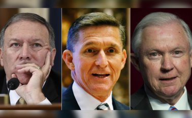 Mike Pompeo, Michael Flynn y Jeff Sessions. AFP