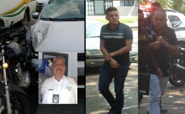 A la derecha: Renzo Aykardo Calzado Ortega y Iam Sebastián Cruz Unda a su llegada al Instituto de Medicina Legal, donde fueron recriminados por los familiares de la víctima. En la foto pequeña: Guillermo León Caicedo Romero, la víctima. Cortesía