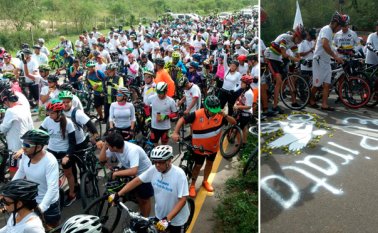 La multitudinaria caravana de pedalistas partió desde Cúcuta y llegó a La Garita, lugar en donde falleció Roberto Mantilla, luego de ser arrollado. Orlando Carvajal