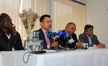 Rueda de Prensa en el Ministerio de Interior. En la foto de Izquierda a derecha: Virgelina chara, Guillermo Rivera, Antonio Madariaga y Luis Enrique Sierra Santos. Colprensa