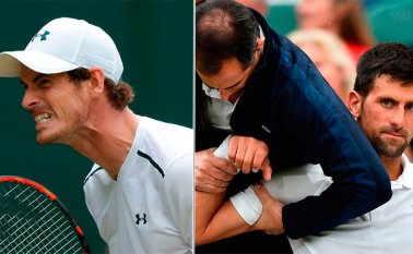 El estadounidense Sam Querrey eliminó a Andy Murray (izquierda). El serbio Novak Djokovic (derecha) podría ser operado. AFP