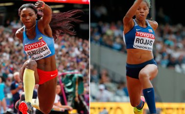 La colombiana Caterine Ibargüen (izquierda) y la venezolana Yulimar Rojas se reparten las seis mejores marcas de la temporada. AFP