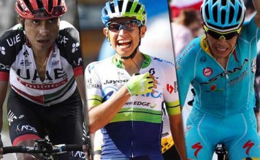 Darwin Atapuma (UAE Team Emirates), Esteban el ‘Chavito’ Cháves (Orica-Scott) y Miguel ‘Superman’ López (Astana). Archivo particular