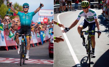 El kazajo Alexei Lutsenko (izquierda), ganador de la quinta etapa, y el colombiano Esteban Chaves. AFP