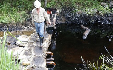 El petróleo derramado contaminó la quebrada La Virgen, en la vereda El Cajón, en el corregimiento de Guamalito, como consecuencia del atentado contra el oleoducto Caño Limón-Coveñas que fue perpetrado por la guerrilla del Eln, el pasado lunes. Mario Franco