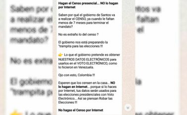 El mensaje afirma "que lo que el Gobierno pretende es obtener nuestros datos electrónicos para usarlos en voto electrónico, como lo hicieron en Venezuela. Internet