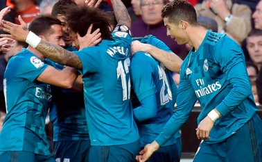 Esta imagen se convirtió en viral y tiene como protagonista a Cristiano Ronaldo. La fotografía surgió en el momento en que Marcelo celebraba su anotación frente al Valencia. AFP