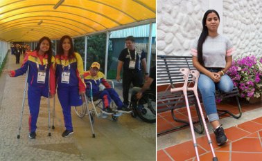 Fabiana Garrido (derecha, en la foto izquierda) hace parte de la Selección Venezuela de voleibol sentado. Cortesía y Alfredo Estévez