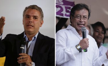 Duque se perfila como el ungido de la consulta interna de la derecha con el 72,3%. Petro (derecha) ganaría la elección interna de izquierda con el 89,9% a su único contrincante, Carlos Caicedo. Archivo
