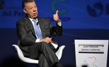 El presidente de Colombia Juan Manuel Santos durante su participación en la III Cumbre Empresarial, en el marco de la Cumbre de las Américas. AFP