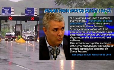 También ha circulado una noticia falsa con el mismo tema, en la que supuestamente el candidato le había dicho a Semana que implementaría peajes para motos, pero fue desmentida por la misma revista. Colombiacheck