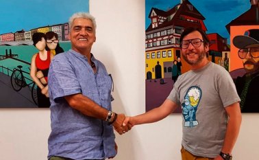 El artista pamplonés Nelson Moncada (derecha), compartió con los espectadores durante su estadía en Basilea (Suiza). Cortesía
